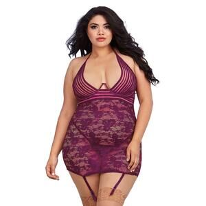 8730 Plus Size Stretch Lace Garter Slip with Sheer Stripped Elastic Details